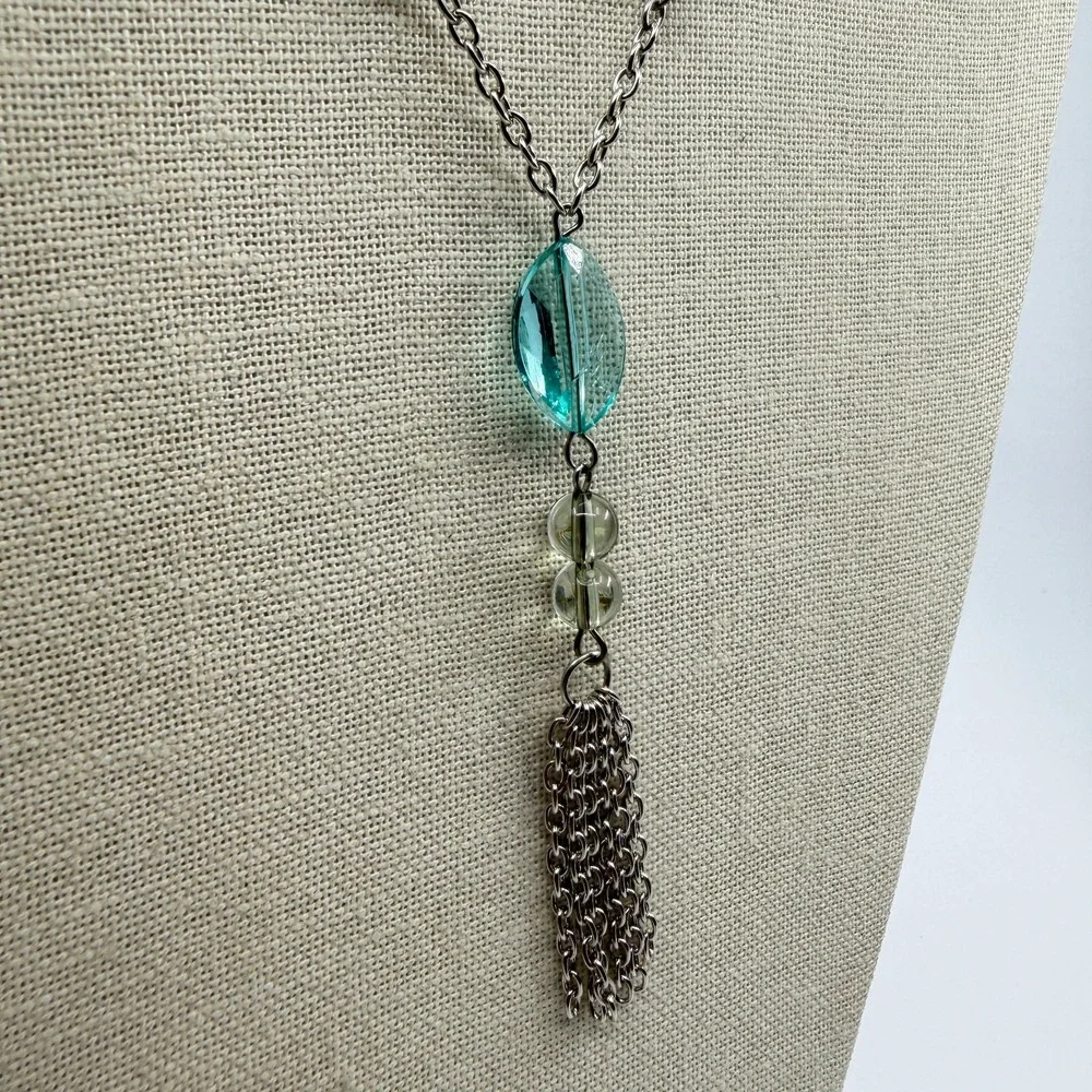 Necklace Turquoise Tone Green Bead Y Drop Silver Tone Chain Tassel Statement